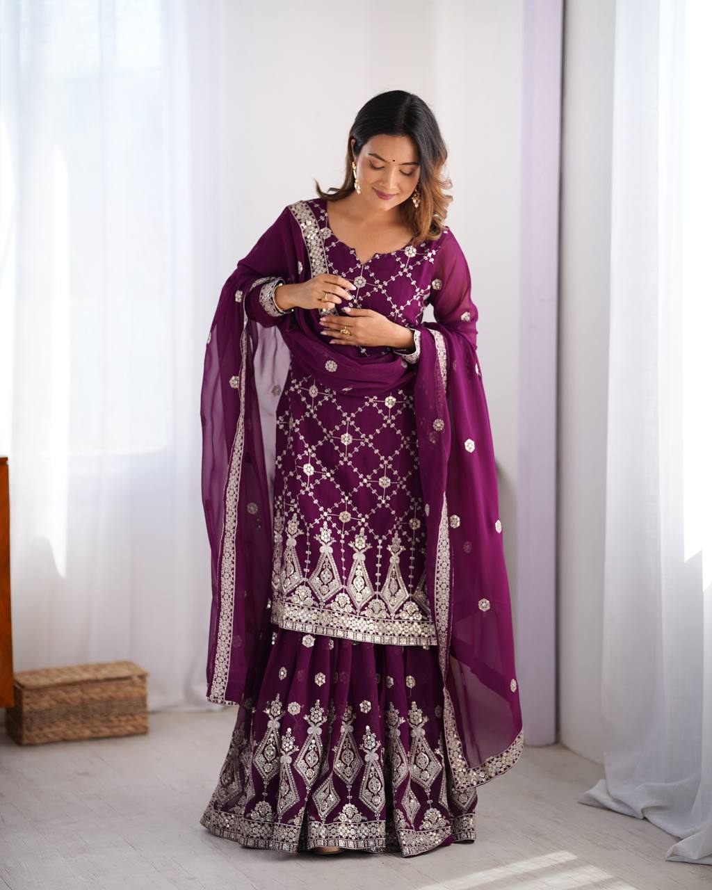 Purple Georgette Embroidered Sharara Suit