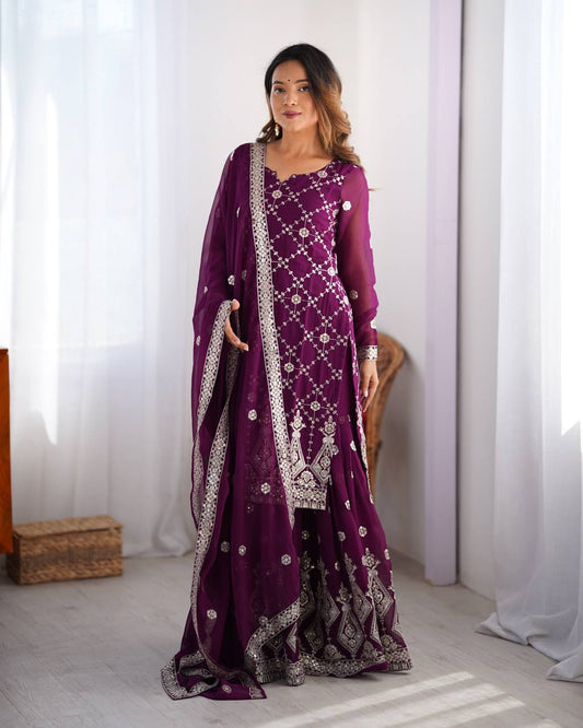 Purple Georgette Embroidered Sharara Suit