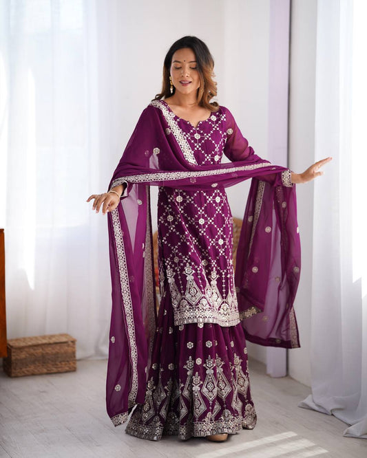 Purple Georgette Embroidered Sharara Suit