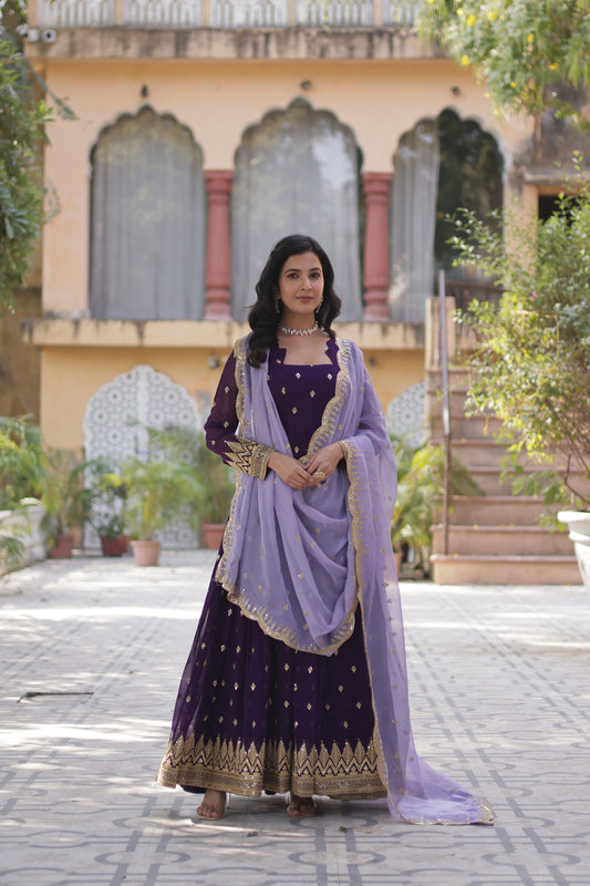Purple Georgette Embroidered Work Gown With Dupatta