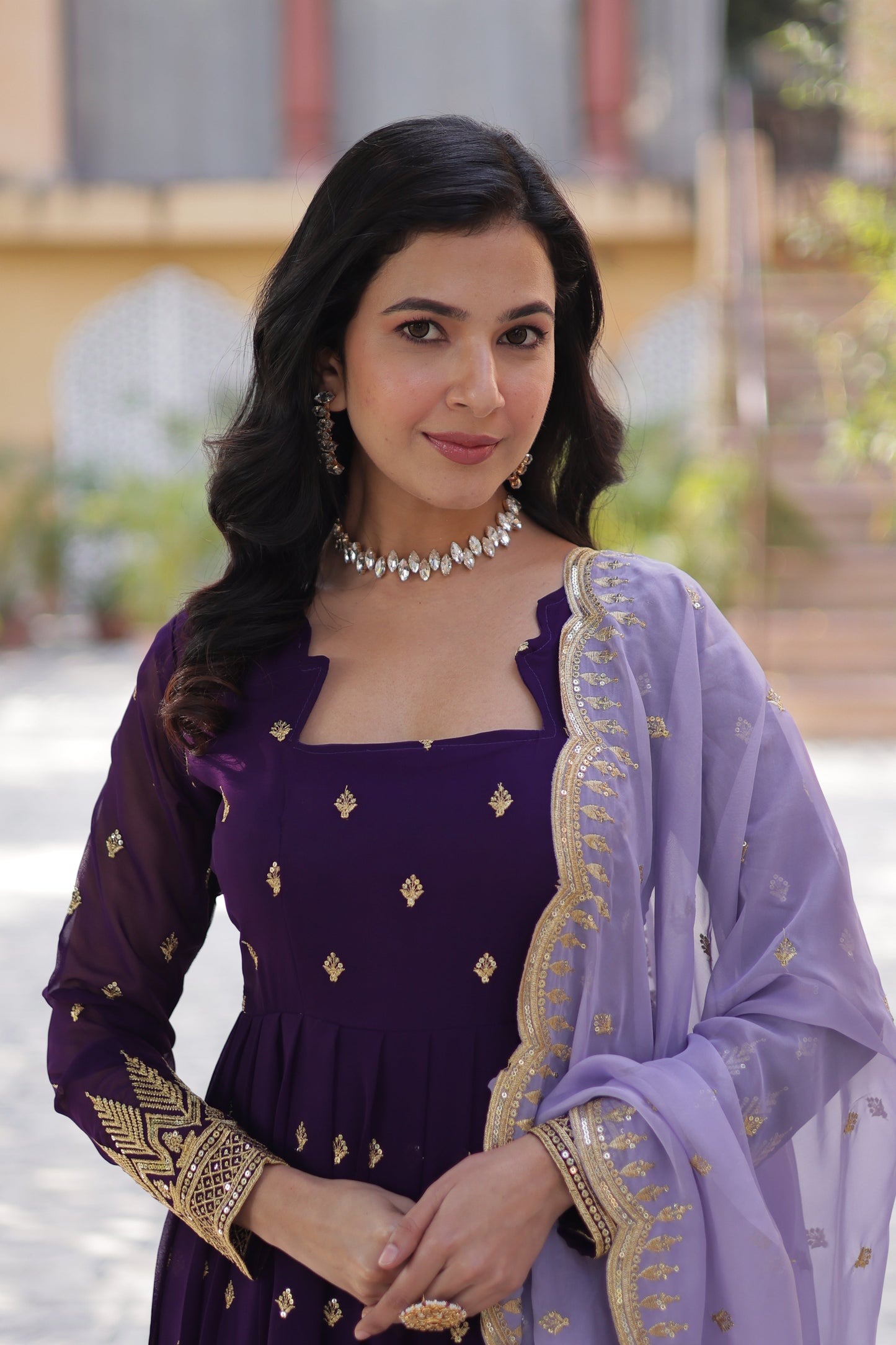 Purple Georgette Embroidered Work Gown With Dupatta