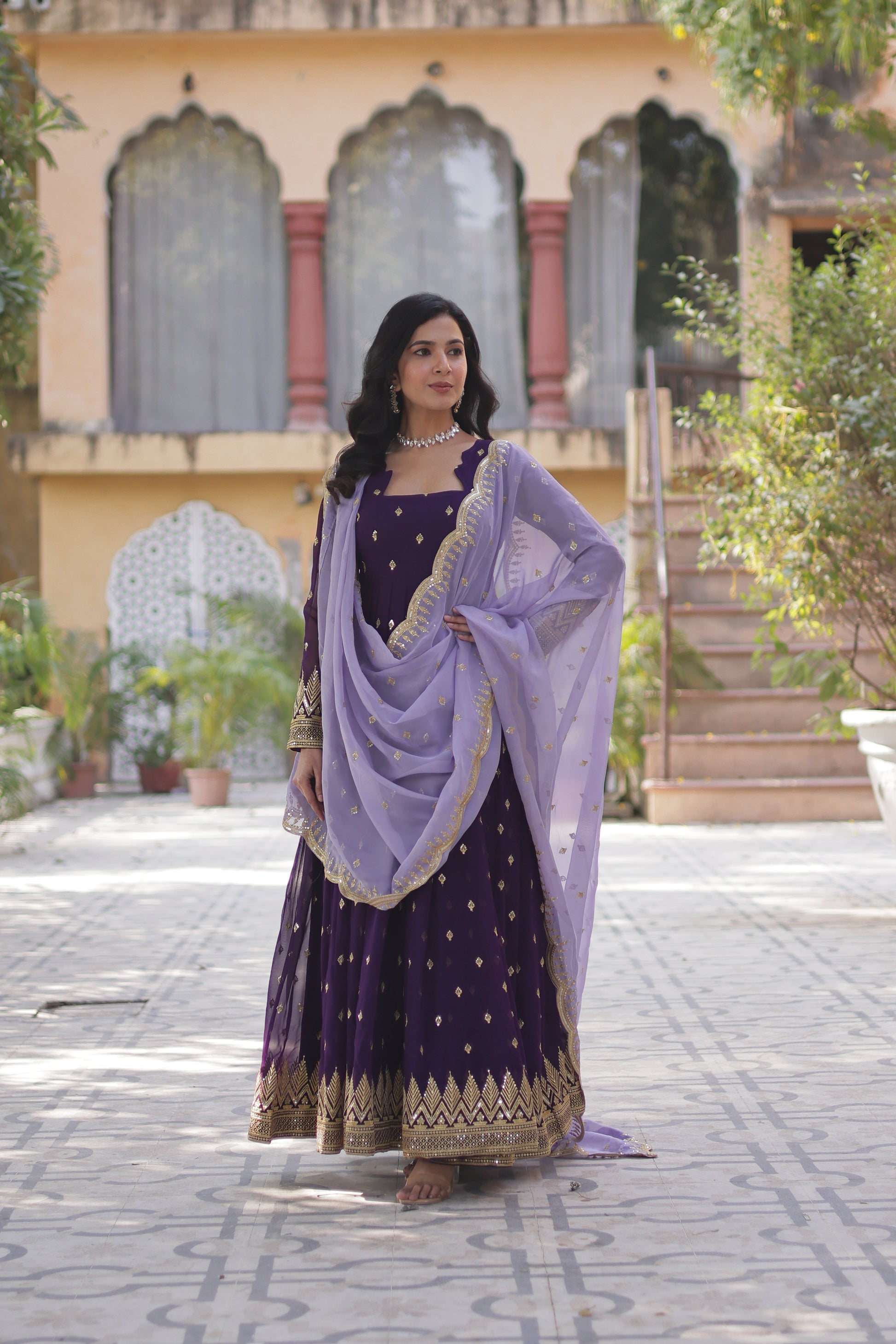 Purple Georgette Embroidered Work Gown With Dupatta