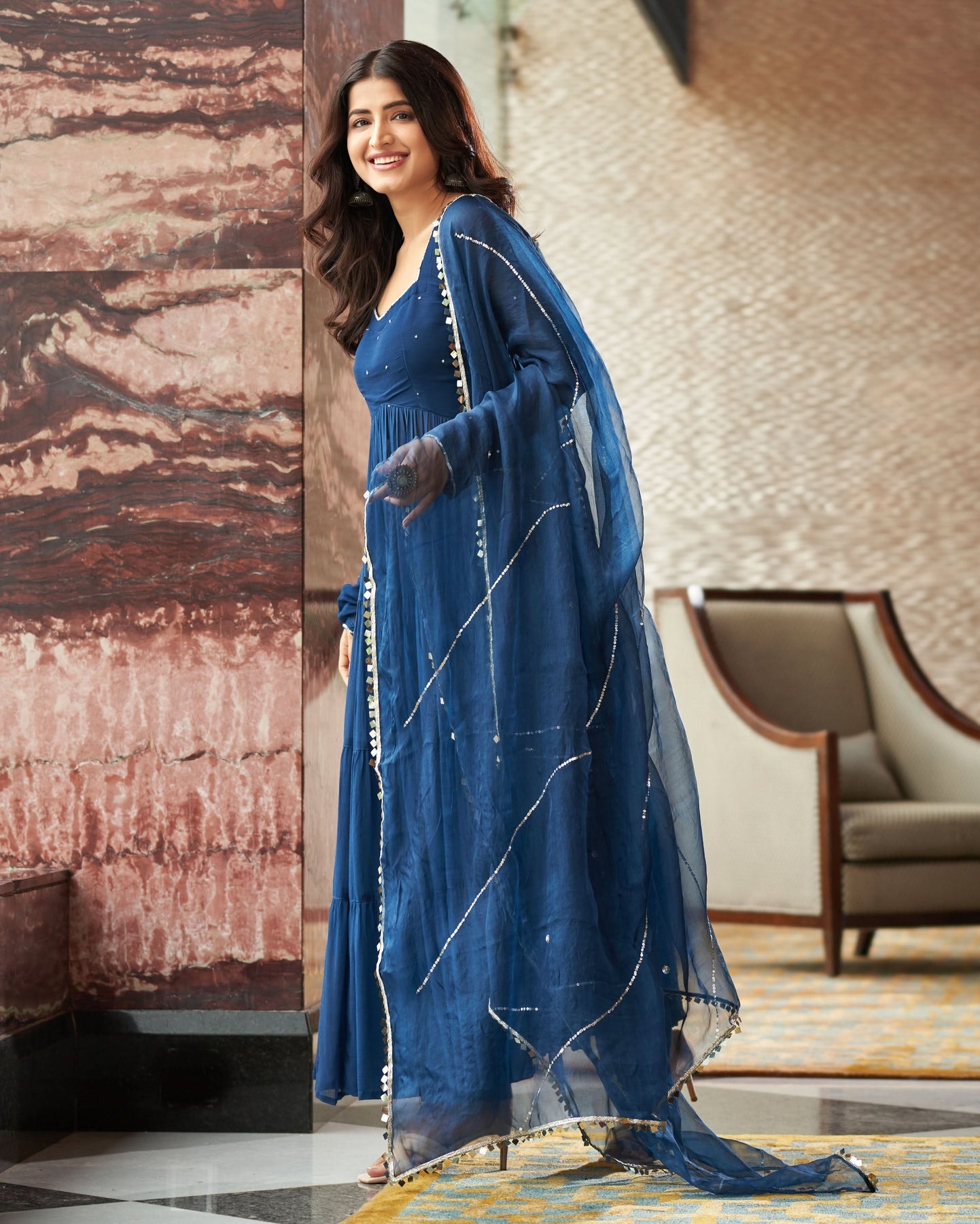 Rangat Blue Embroidered Georgette Anarkali Suit Set With Dupatta
