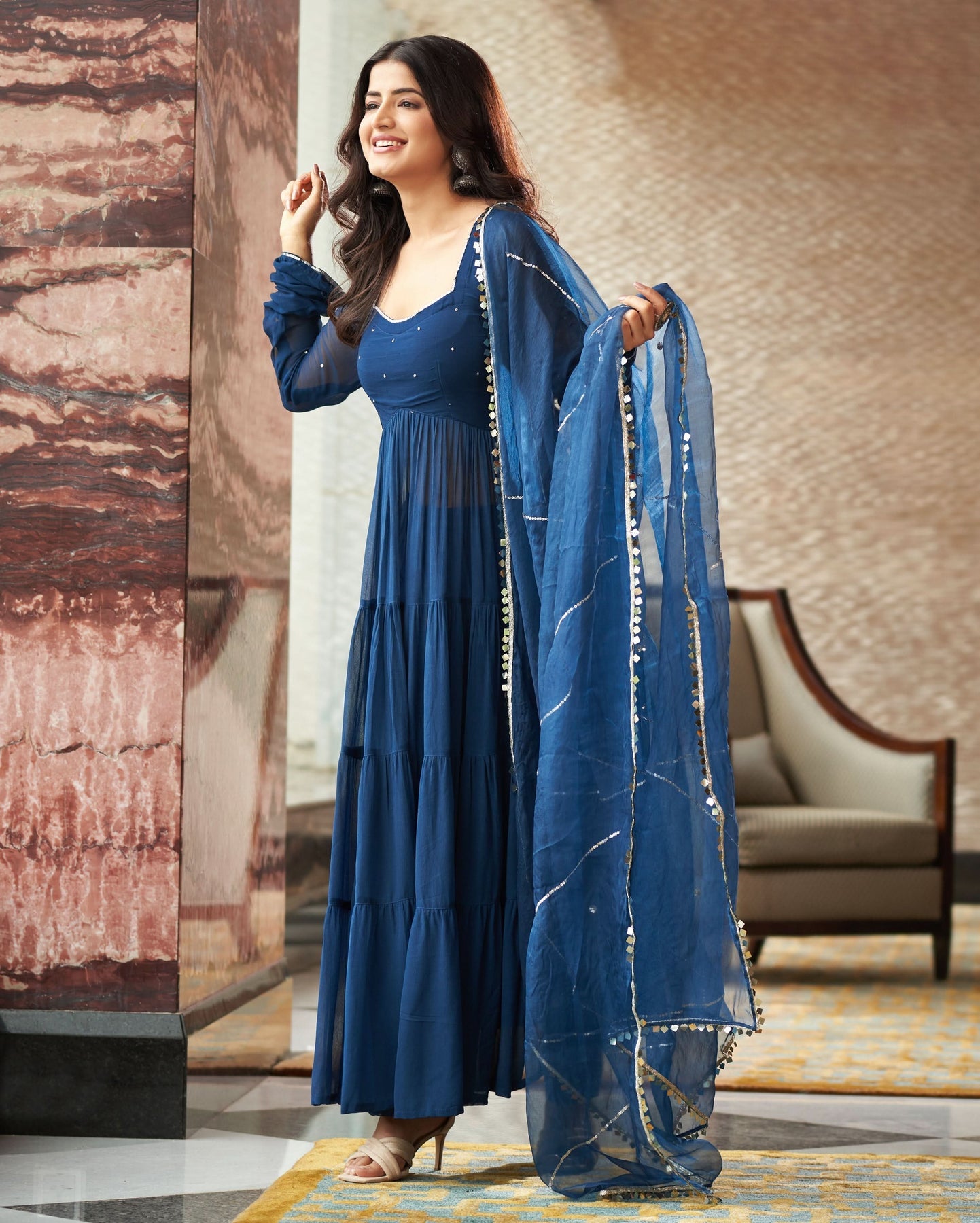 Rangat Blue Embroidered Georgette Anarkali Suit Set With Dupatta