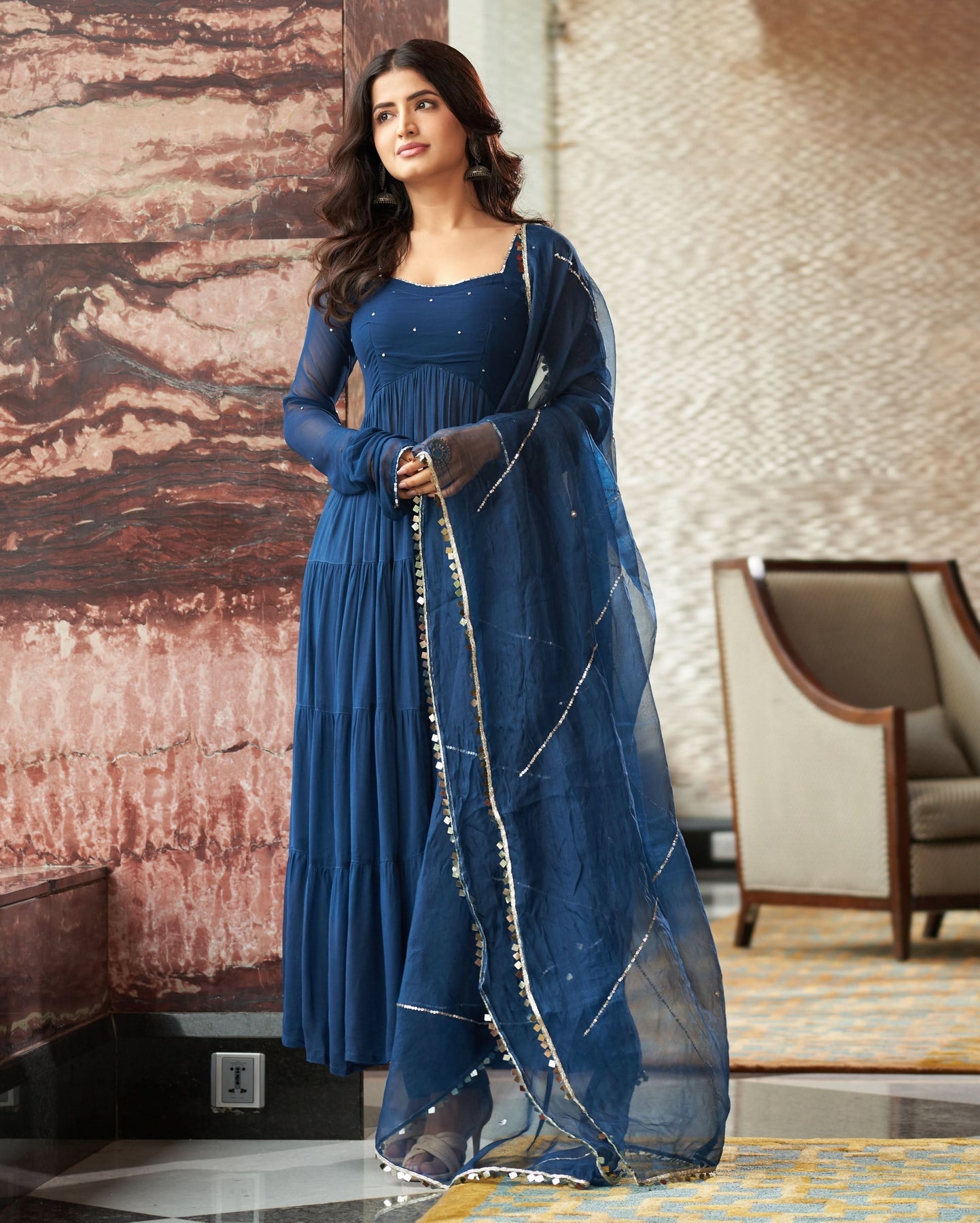 Rangat Blue Embroidered Georgette Anarkali Suit Set With Dupatta
