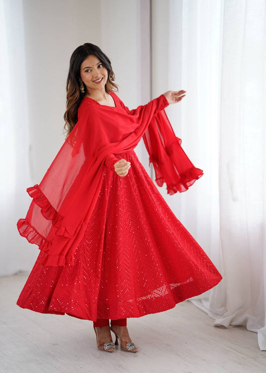 Red Color Lucknowi Work Anarkali Suit with Ruffle Dupatta