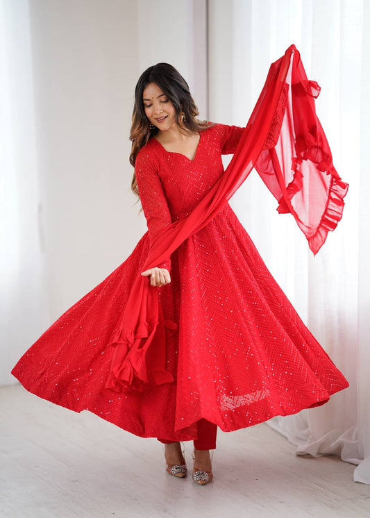 Red Color Lucknowi Work Anarkali Suit with Ruffle Dupatta