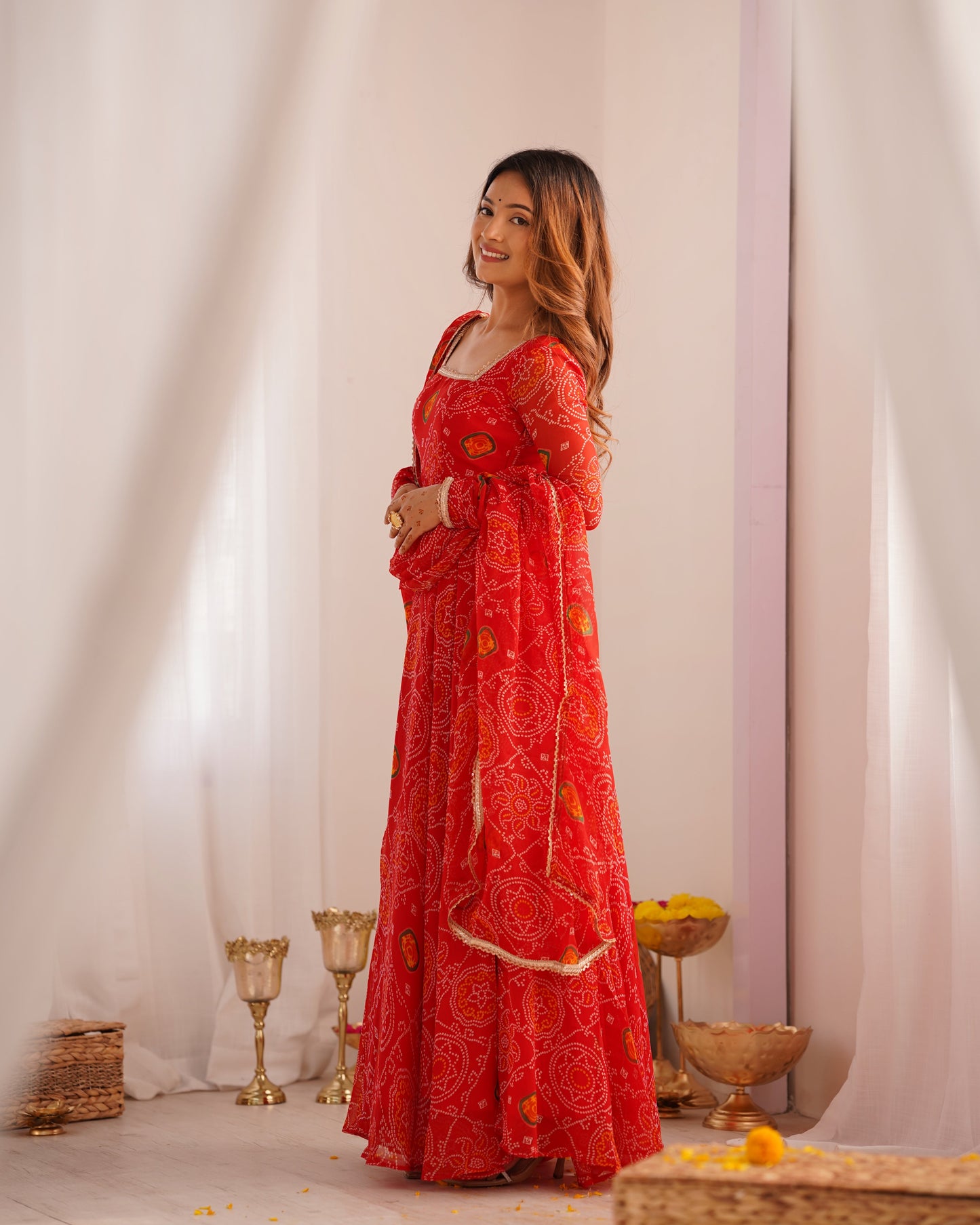 Red Bandhani Printed Anarkali Suit 10