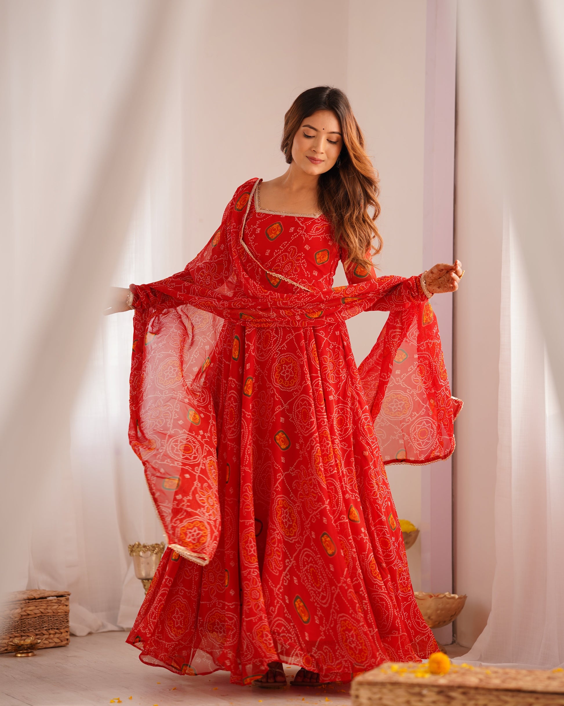 Red Bandhani Printed Anarkali Suit 14