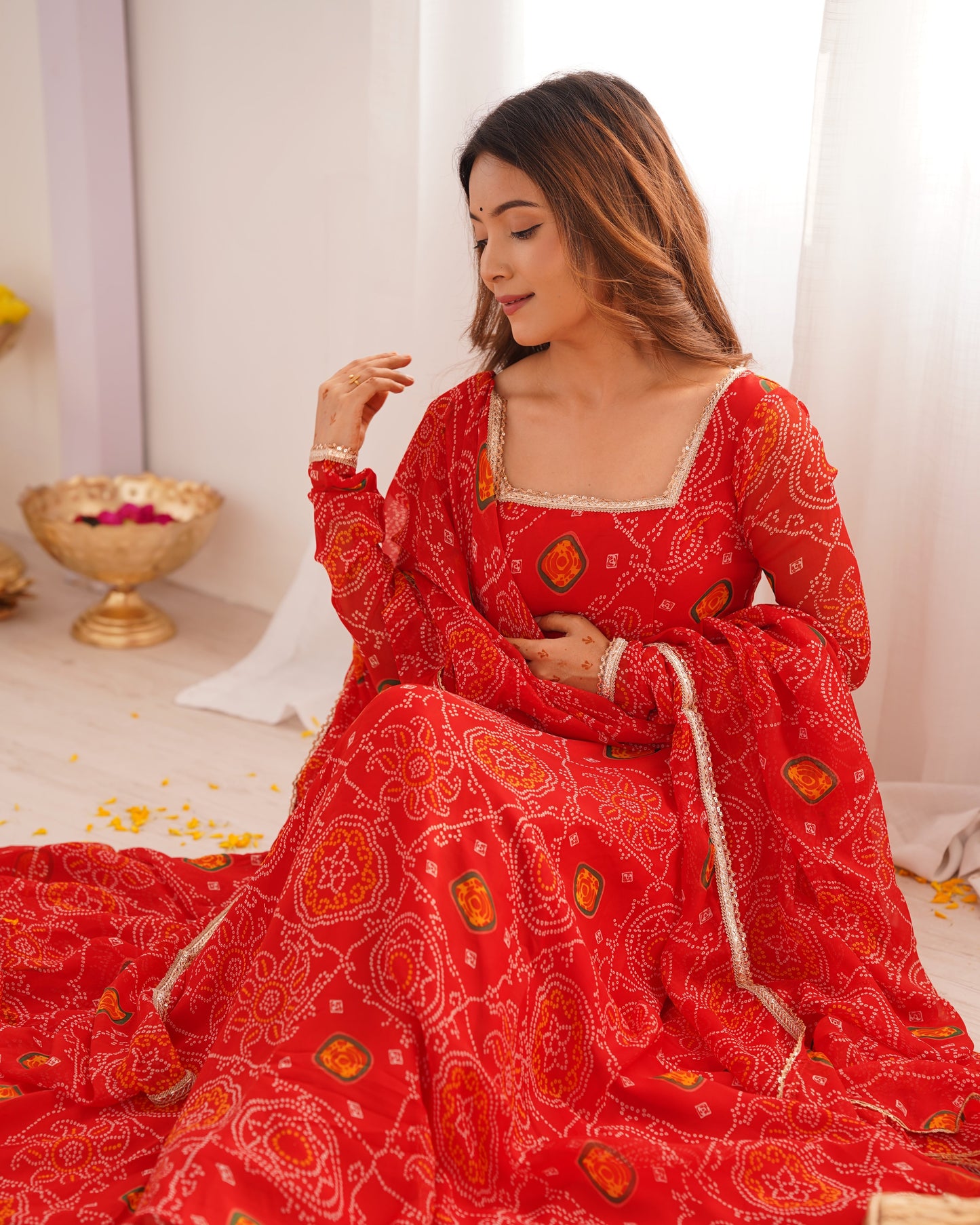 Red Bandhani Printed Anarkali Suit 4