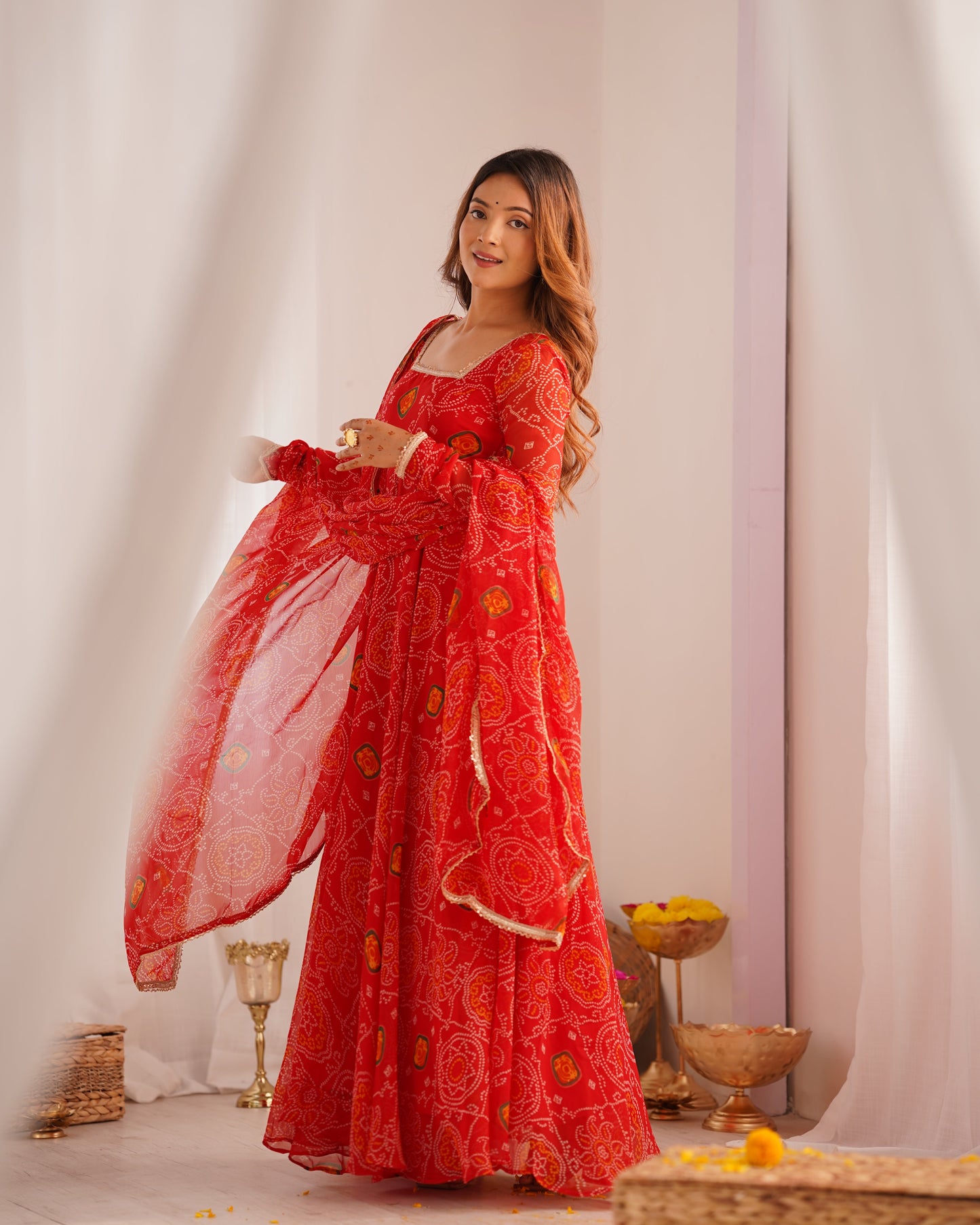 Red Bandhani Printed Anarkali Suit 5