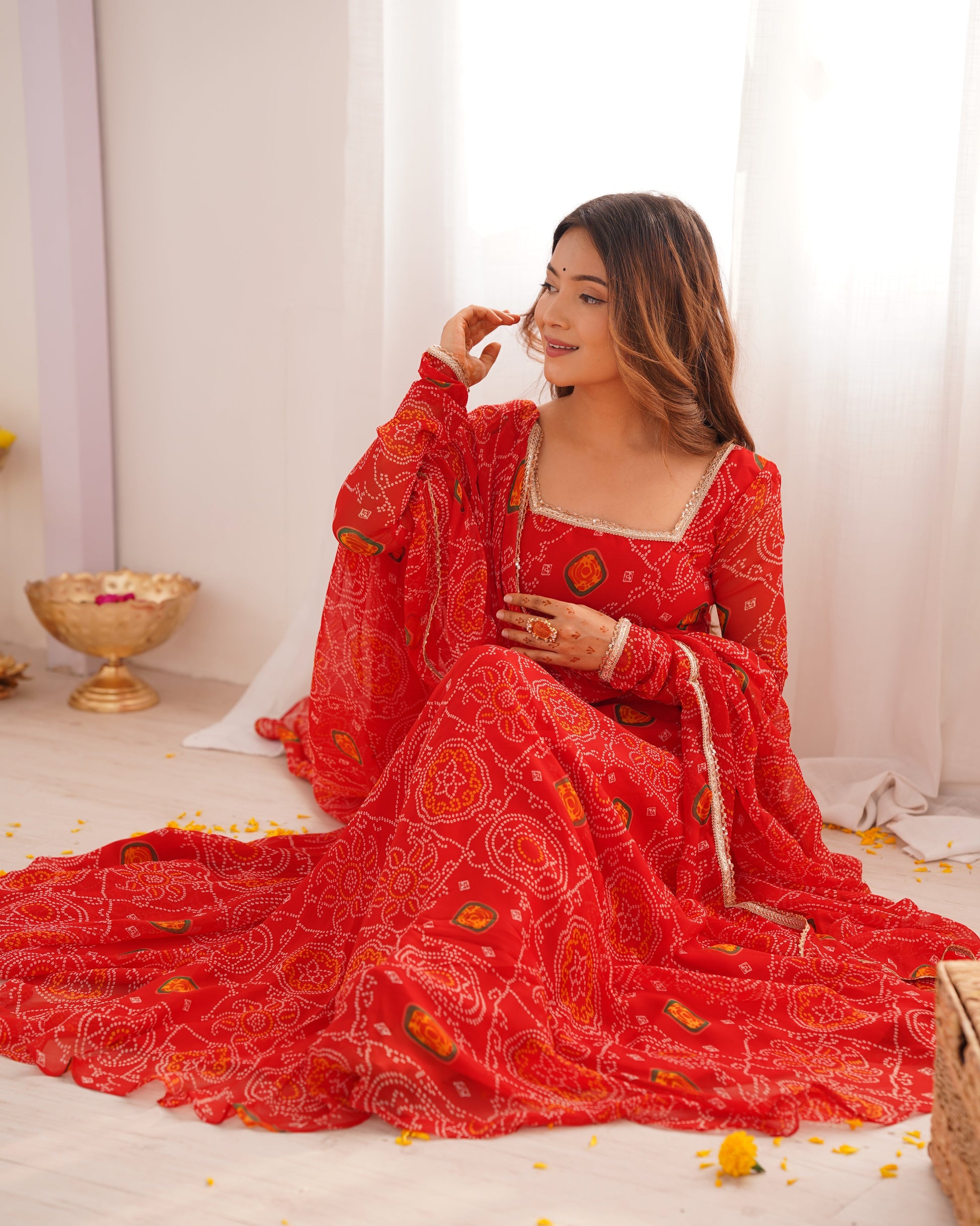 Red Bandhani Printed Anarkali Suit 6