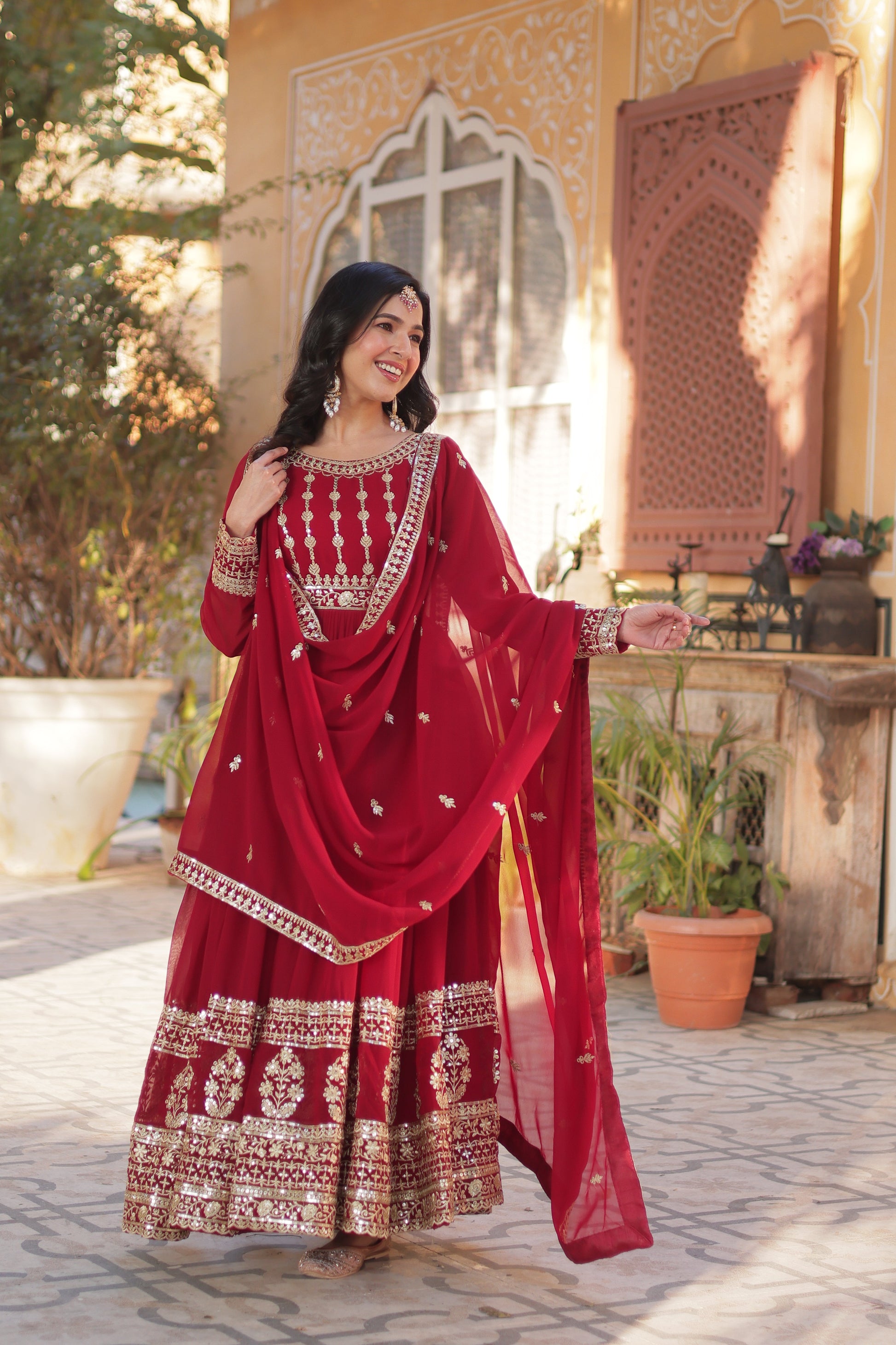 Red Faux Georgette Embroidery Ethnic Dress With Dupatta