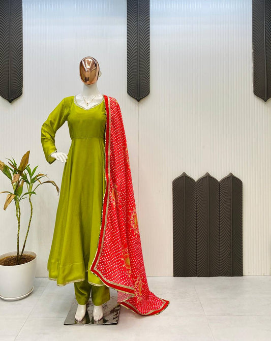 Regal Anarkali Suit Set with Traditional Red Bandhani Dupatta