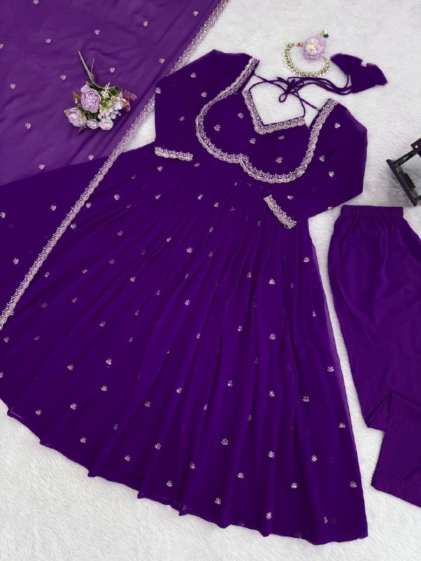 Royal Purple Faux Georgette Embroidery Worked Anarkali Suit With Dupatta