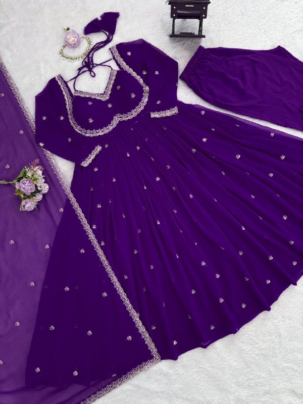 Royal Purple Faux Georgette Embroidery Worked Anarkali Suit With Dupatta