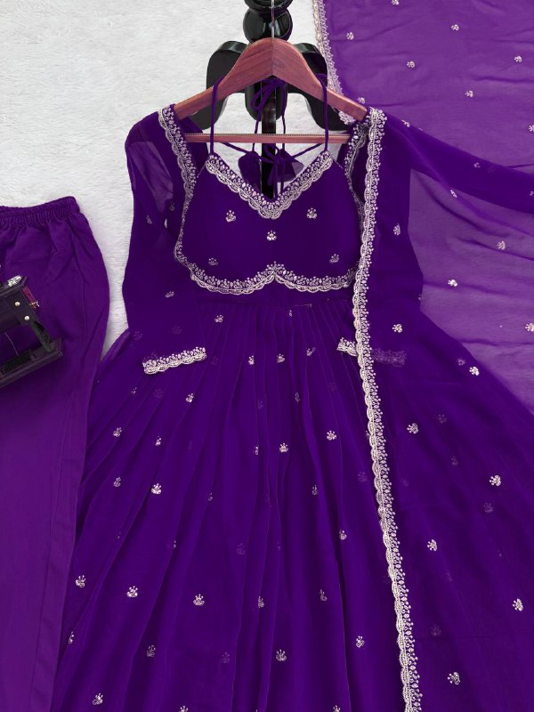 Royal Purple Faux Georgette Embroidery Worked Anarkali Suit With Dupatta