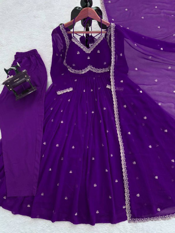 Royal Purple Faux Georgette Embroidery Worked Anarkali Suit With Dupatta