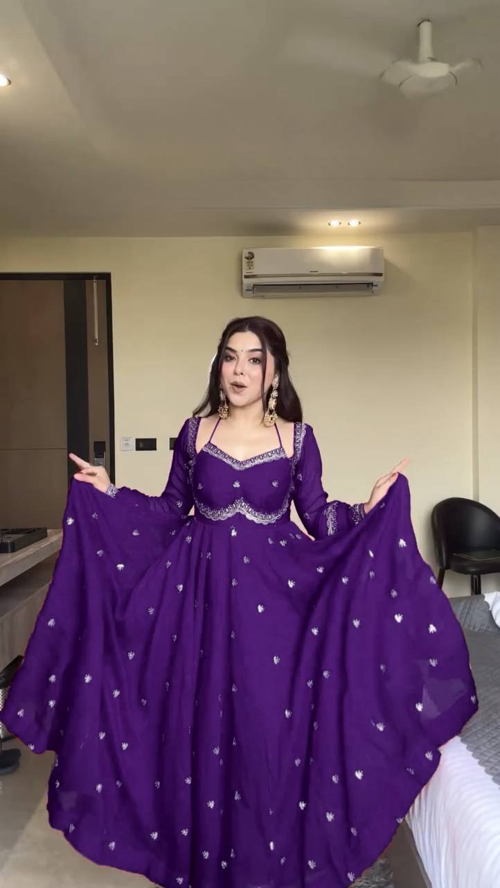 Royal Purple Faux Georgette Embroidery Worked Anarkali Suit With Dupatta