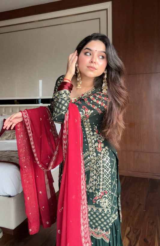 Saisha Green Festive Wear Sequin Work Georgette Sharara Suit Set With Dupatta