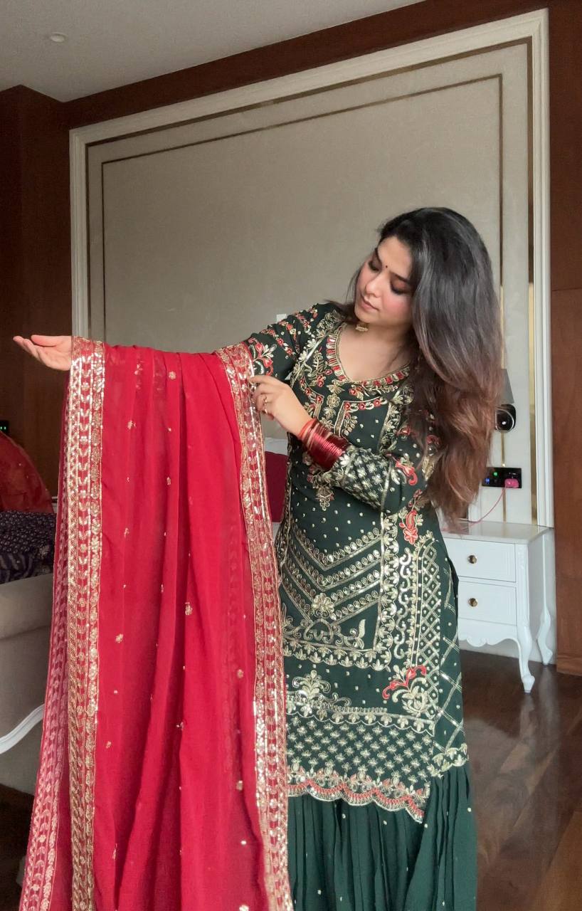 Saisha Green Festive Wear Sequin Work Georgette Sharara Suit Set With Dupatta