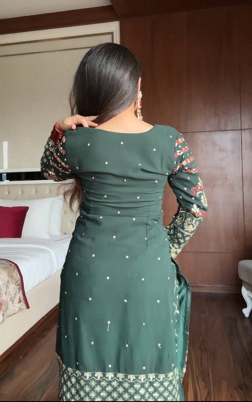 Saisha Green Festive Wear Sequin Work Georgette Sharara Suit Set With Dupatta