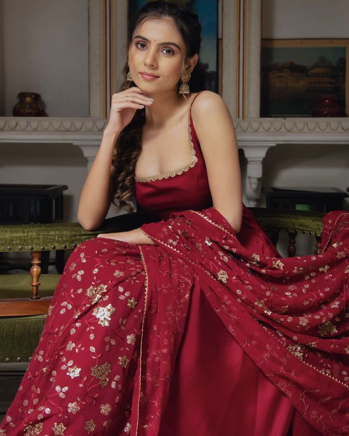 Sajika Maroon Anarkali Gown Suit Set