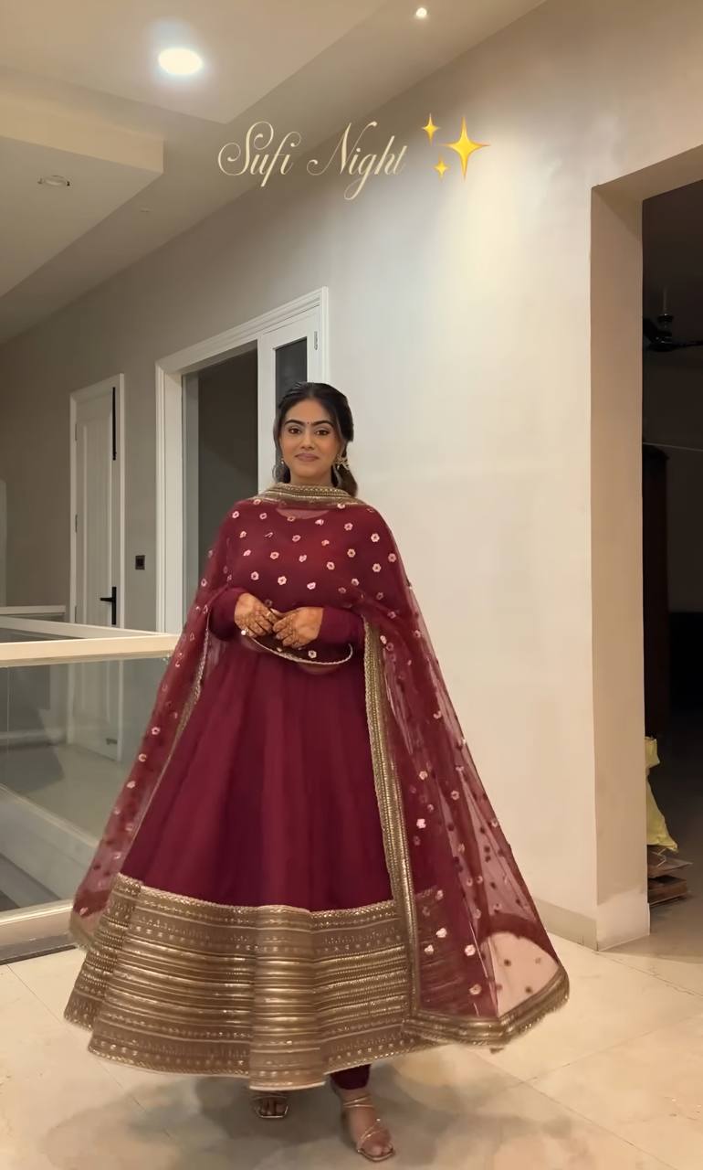 Samragyaa Maroon Trendy Anarkali Suit Set With Dupatta