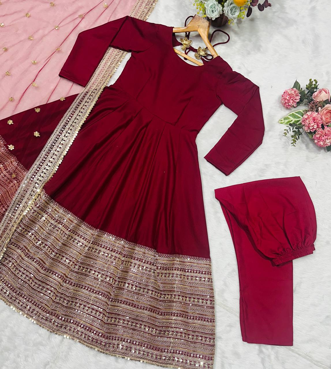 Samragyaa Maroon Trendy Anarkali Suit Set With Dupatta