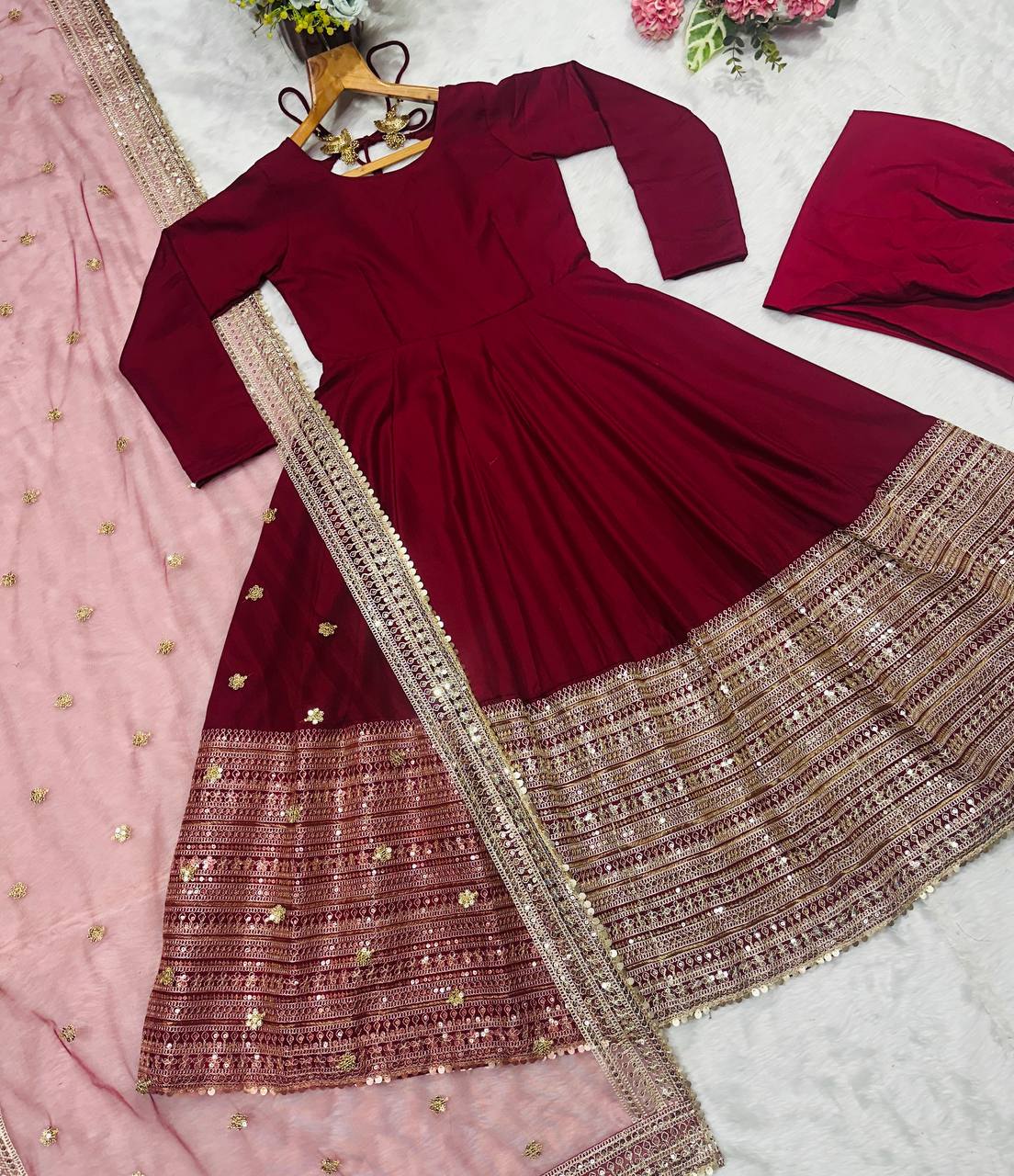 Samragyaa Maroon Trendy Anarkali Suit Set With Dupatta