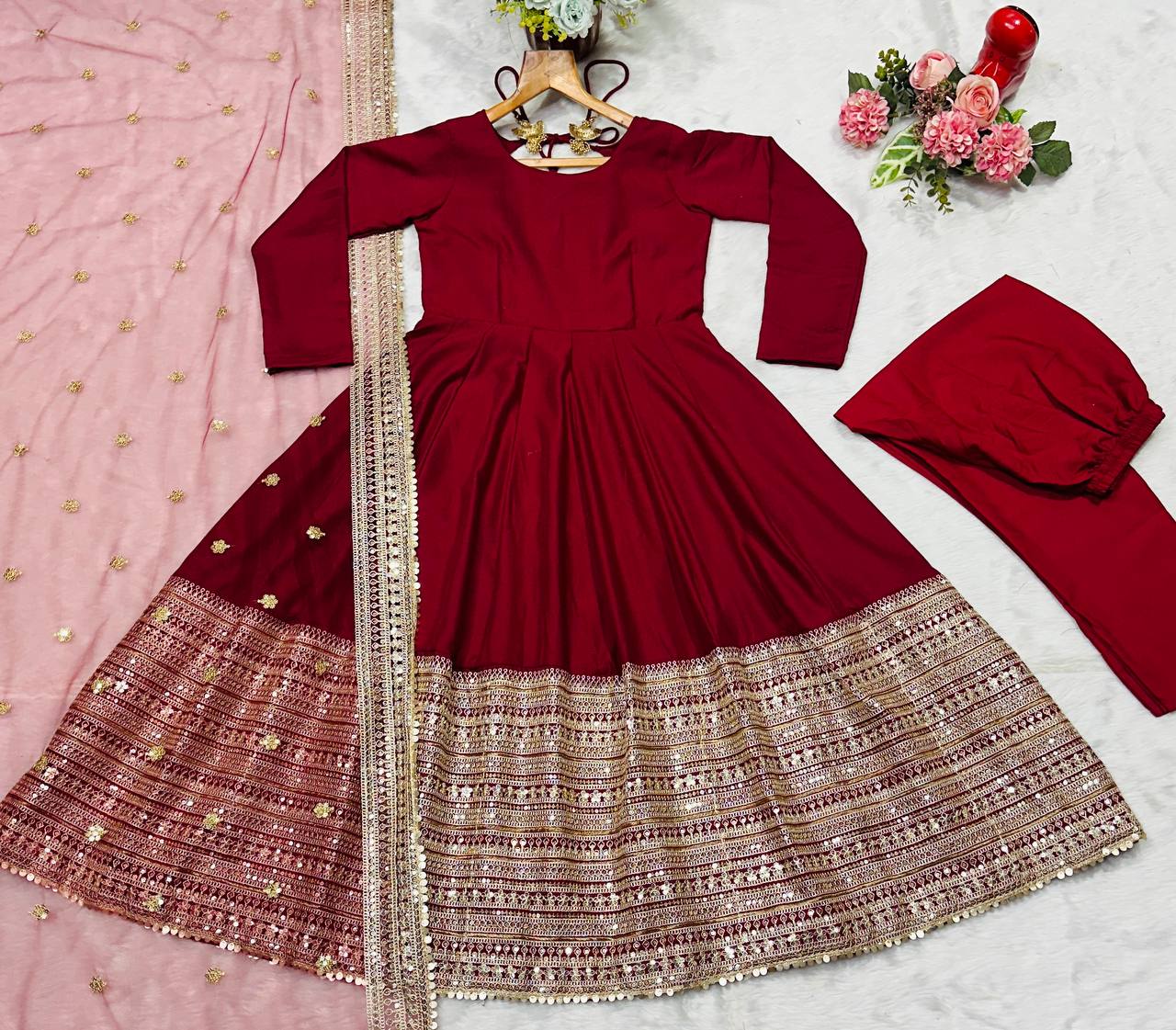 Samragyaa Maroon Trendy Anarkali Suit Set With Dupatta