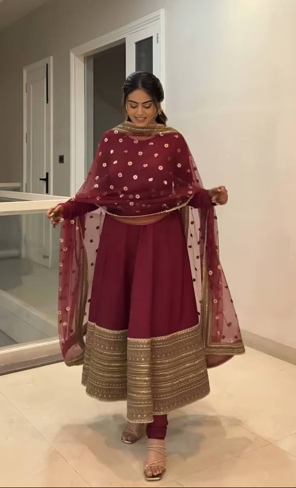 Samragyaa Maroon Trendy Anarkali Suit Set With Dupatta