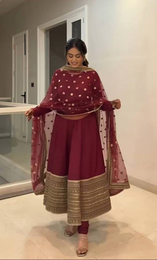 Samragyaa Maroon Trendy Anarkali Suit Set With Dupatta