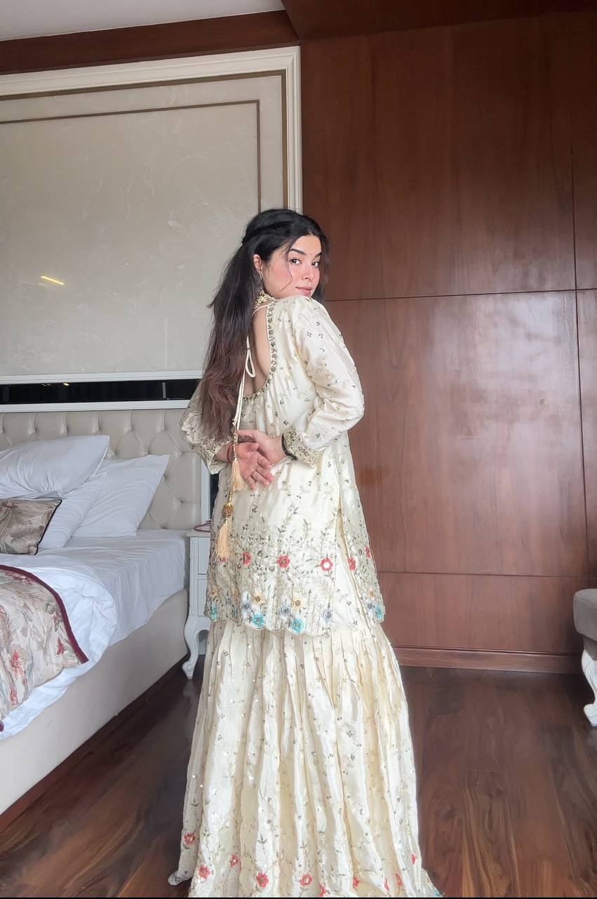Sehrin Heavy Embroidered Sharara Suit with Sky Blue Dupatta For Functions