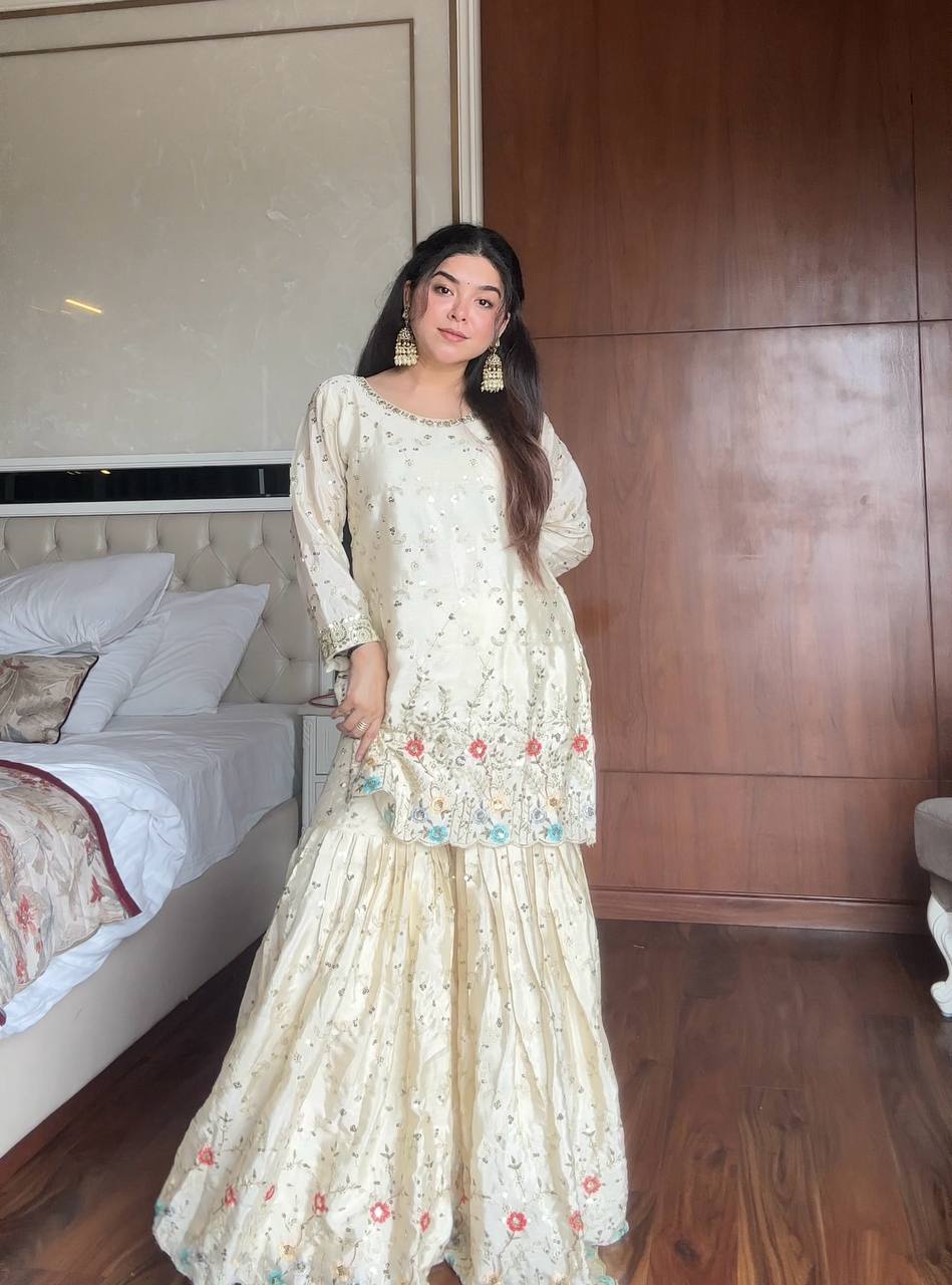 Sehrin Heavy Embroidered Sharara Suit with Sky Blue Dupatta For Functions
