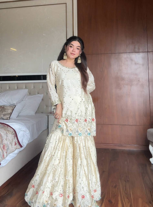 Sehrin Heavy Embroidered Sharara Suit with Sky Blue Dupatta For Functions