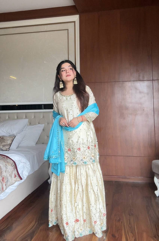 Sehrin Heavy Embroidered Sharara Suit with Sky Blue Dupatta For Functions