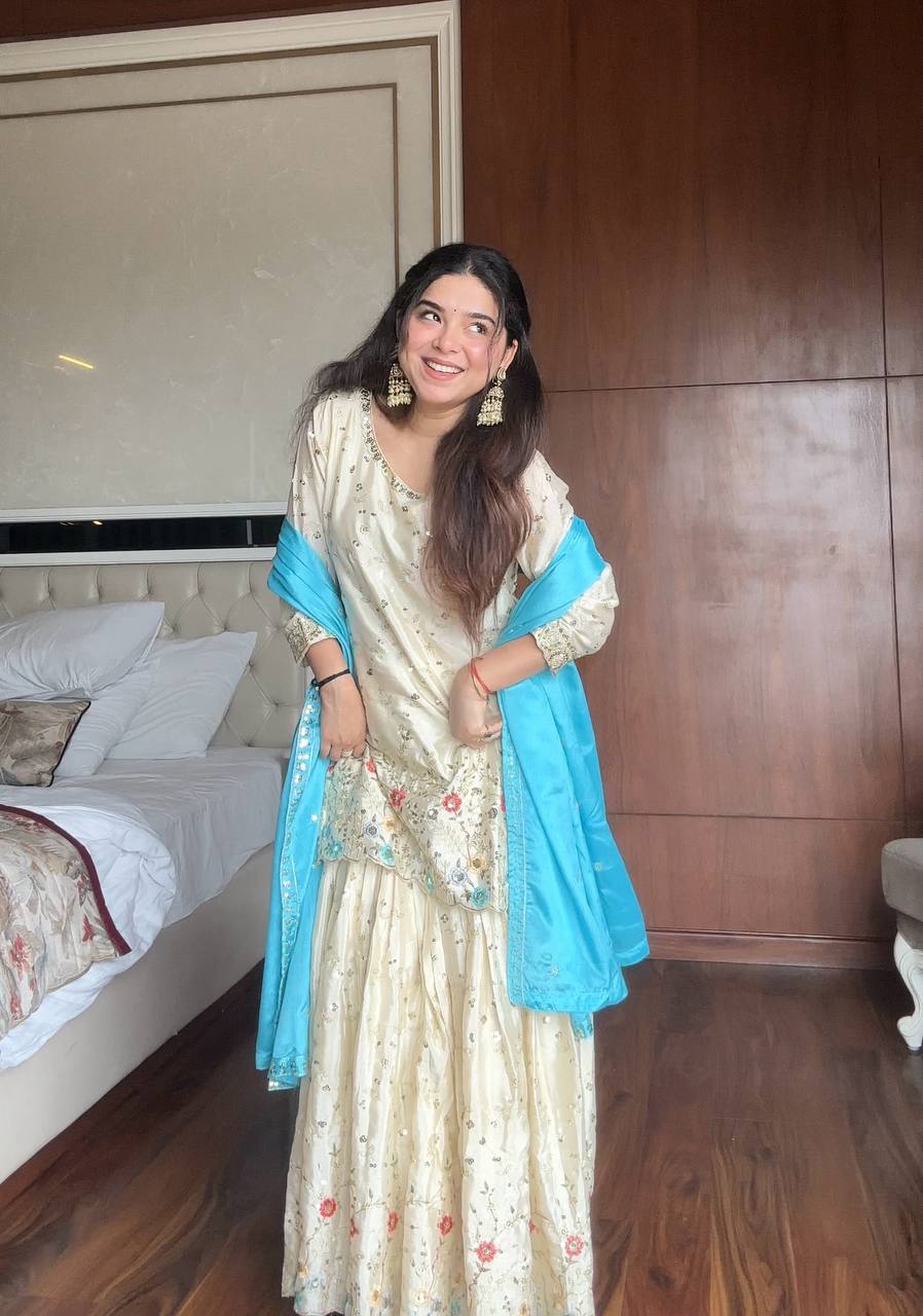 Sehrin Heavy Embroidered Sharara Suit with Sky Blue Dupatta For Functions