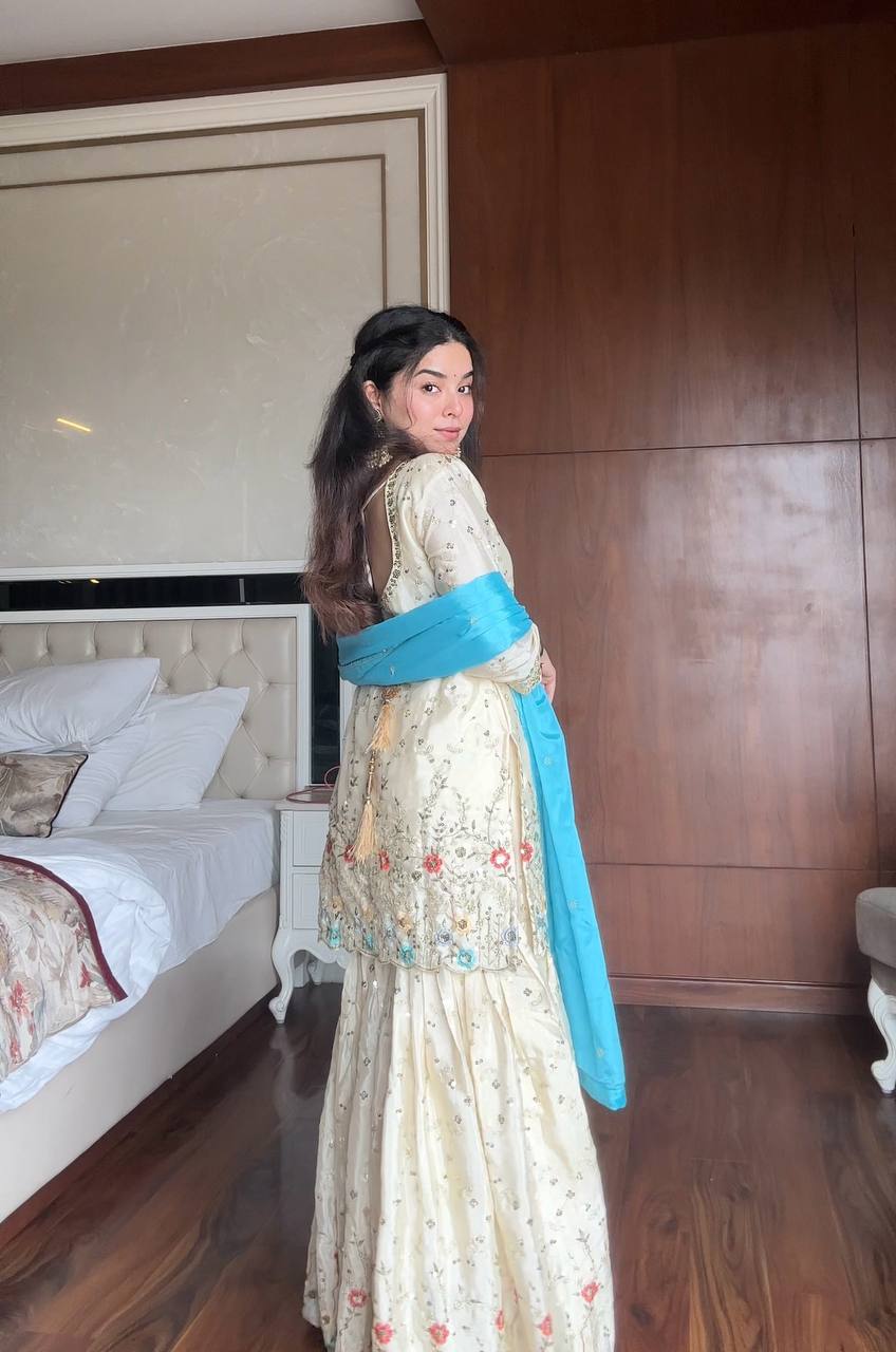 Sehrin Heavy Embroidered Sharara Suit with Sky Blue Dupatta For Functions