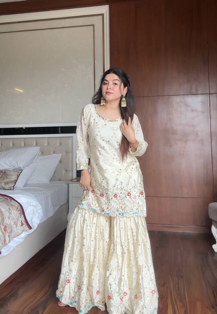 Sehrin Heavy Embroidered Sharara Suit with Sky Blue Dupatta For Functions