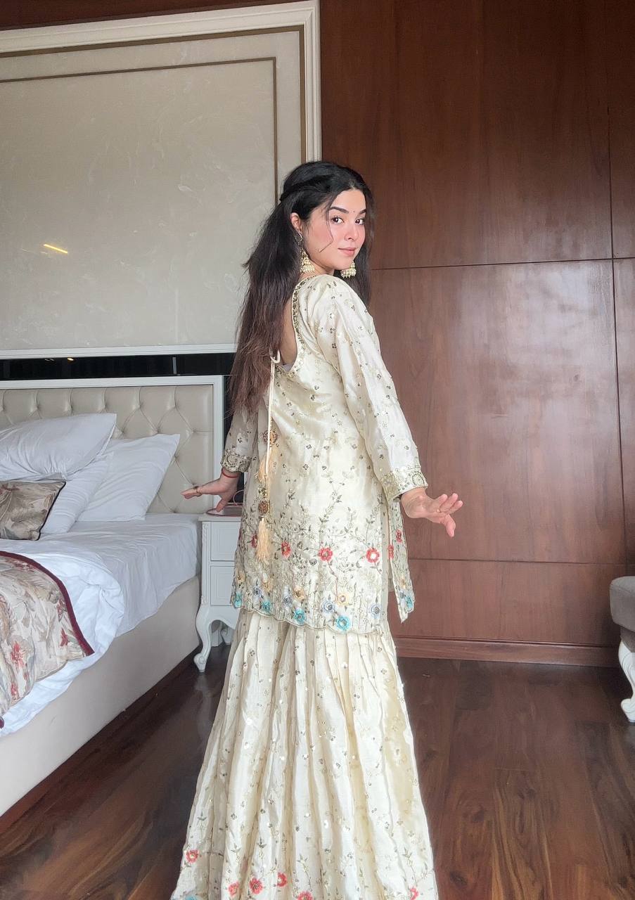 Sehrin Heavy Embroidered Sharara Suit with Sky Blue Dupatta For Functions