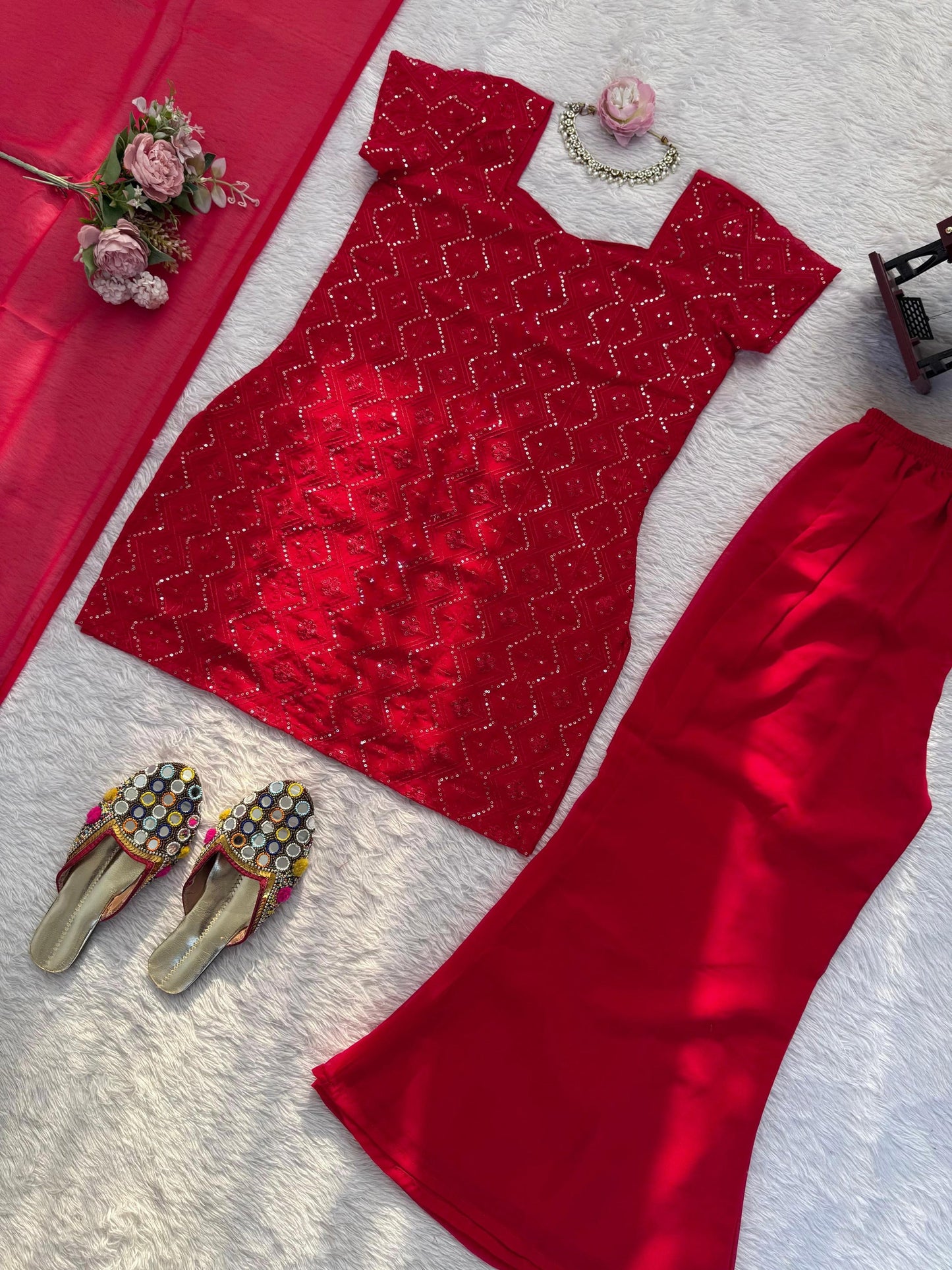 Shagun Red Party Wear Look Top Palazzo And Dupatta With Heavy Embroidery Work