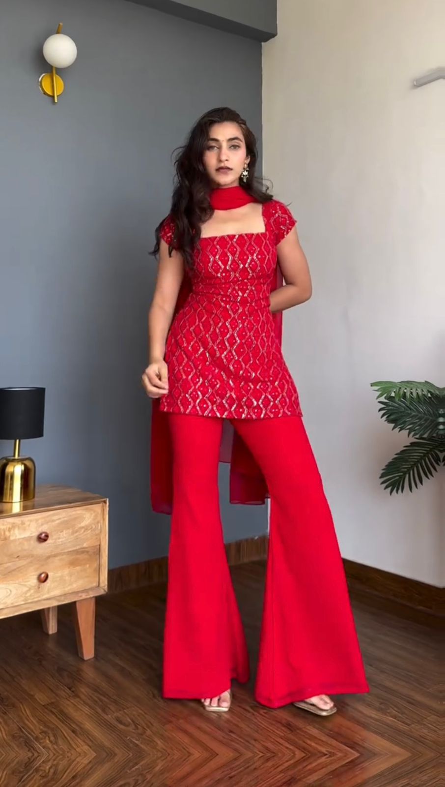 Shagun Red Party Wear Look Top Palazzo And Dupatta With Heavy Embroidery Work
