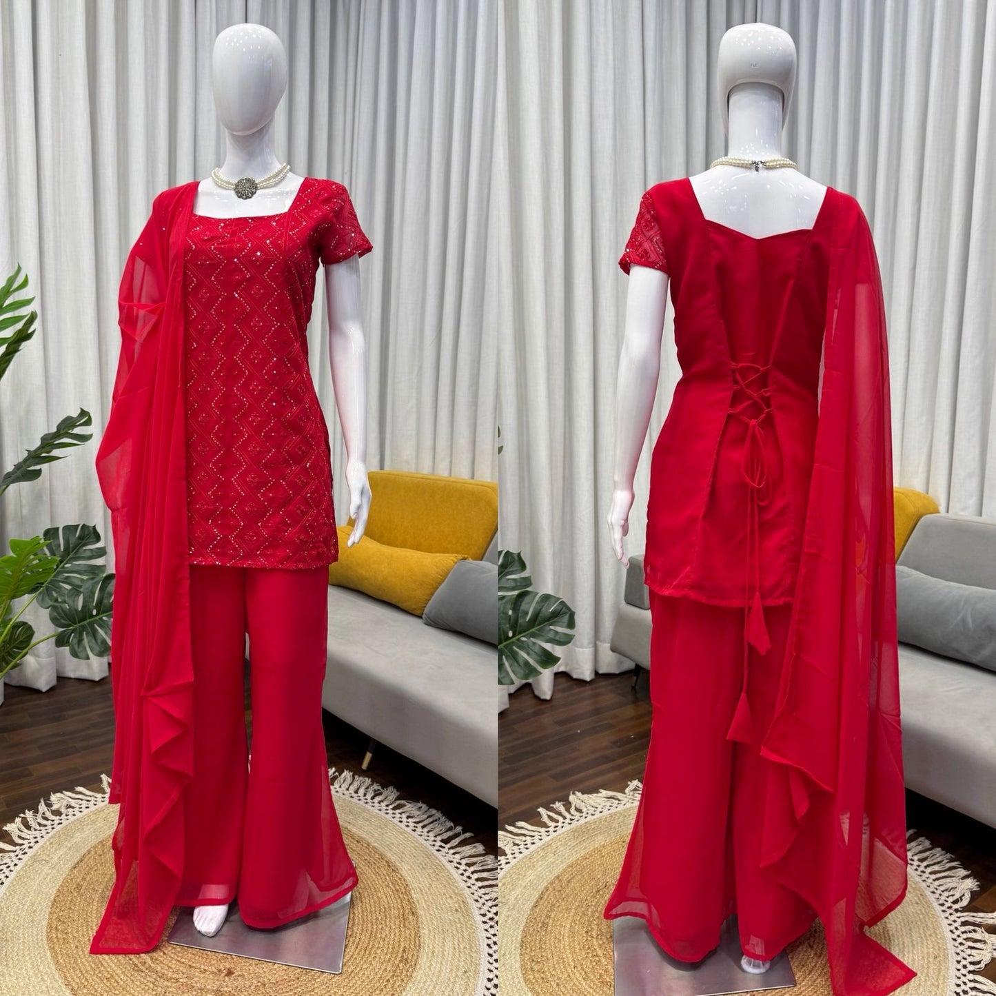 Shagun Red Party Wear Look Top Palazzo And Dupatta With Heavy Embroidery Work