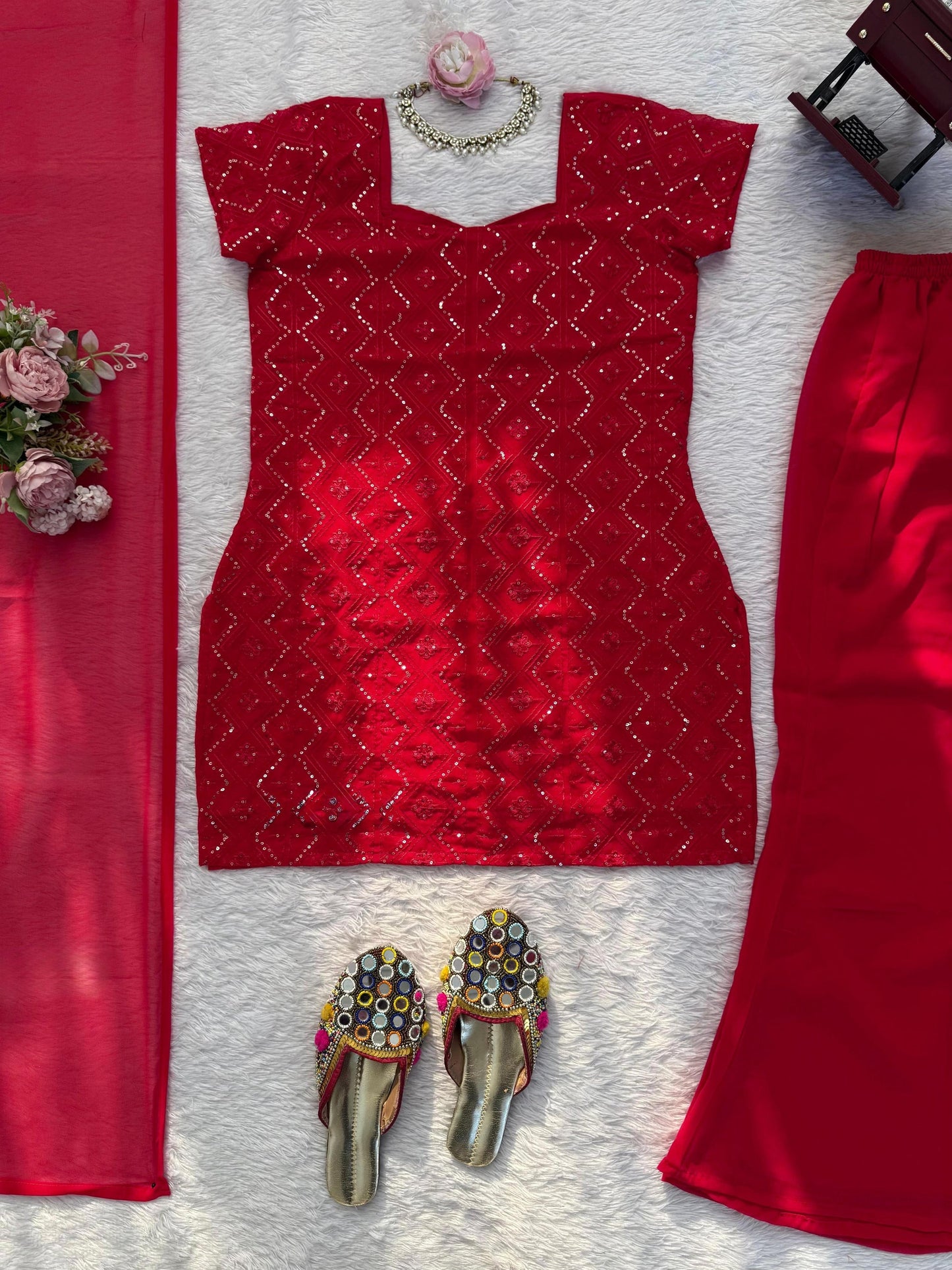 Shagun Red Party Wear Look Top Palazzo And Dupatta With Heavy Embroidery Work