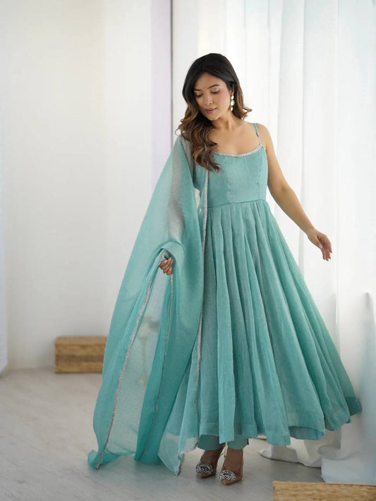 Sky Blue Designer Crunchy Silk Anarkali Set with Swaroski Work & Fancy Lace Dupatta