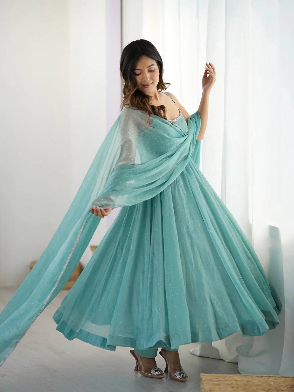 Sky Blue Designer Crunchy Silk Anarkali Set with Swaroski Work & Fancy Lace Dupatta