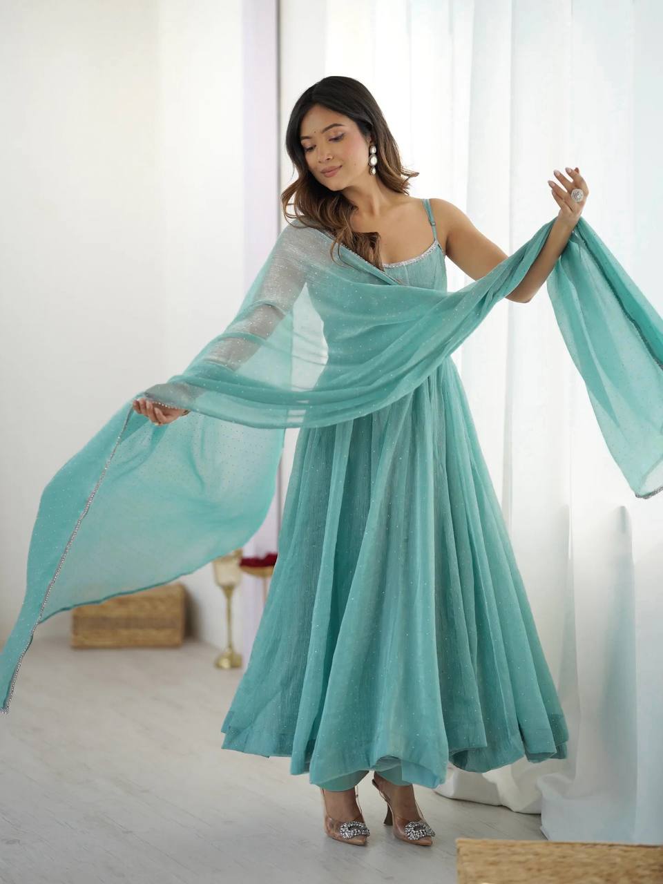 Sky Blue Designer Crunchy Silk Anarkali Set with Swaroski Work & Fancy Lace Dupatta