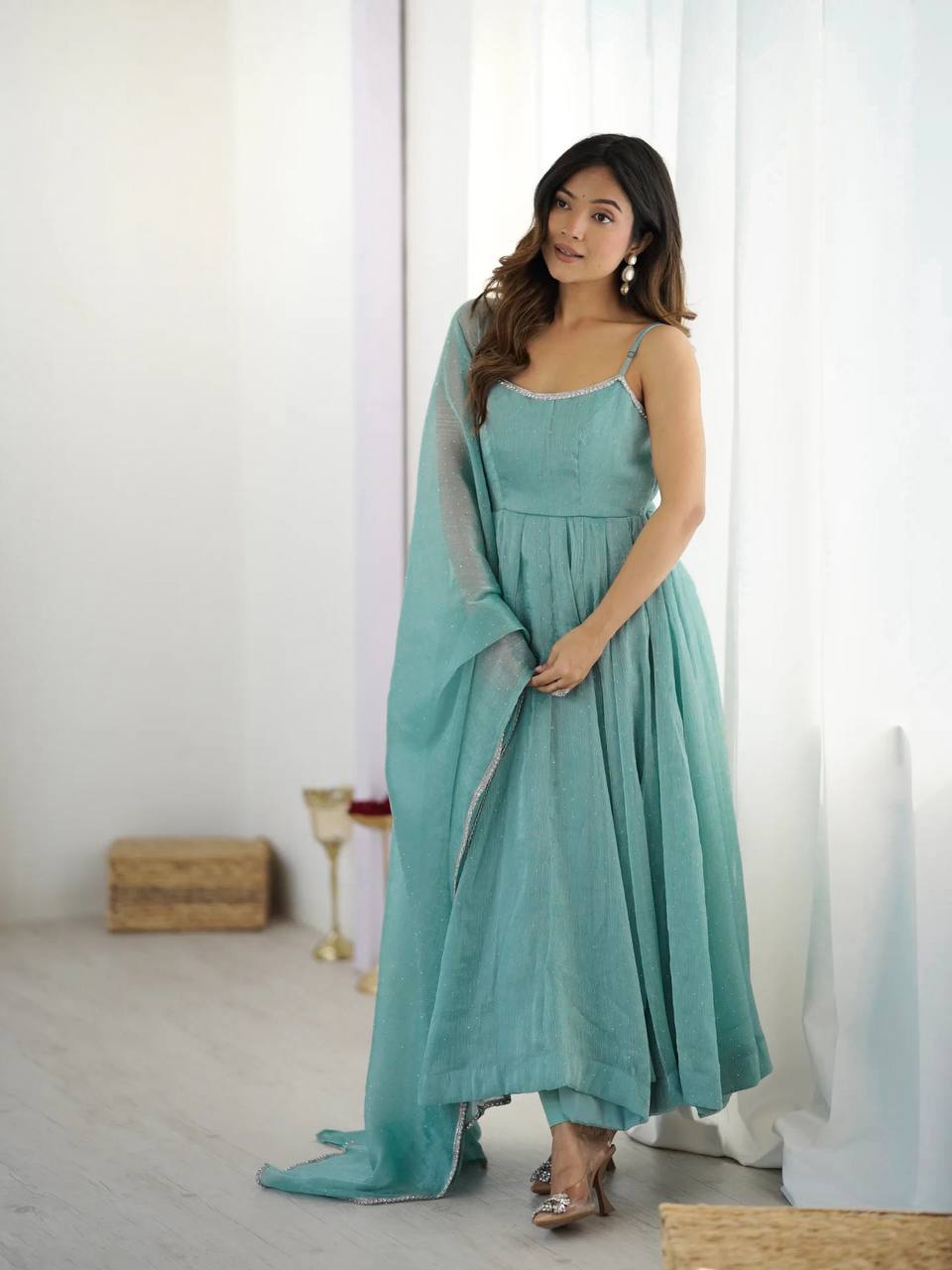 Sky Blue Designer Crunchy Silk Anarkali Set with Swaroski Work & Fancy Lace Dupatta