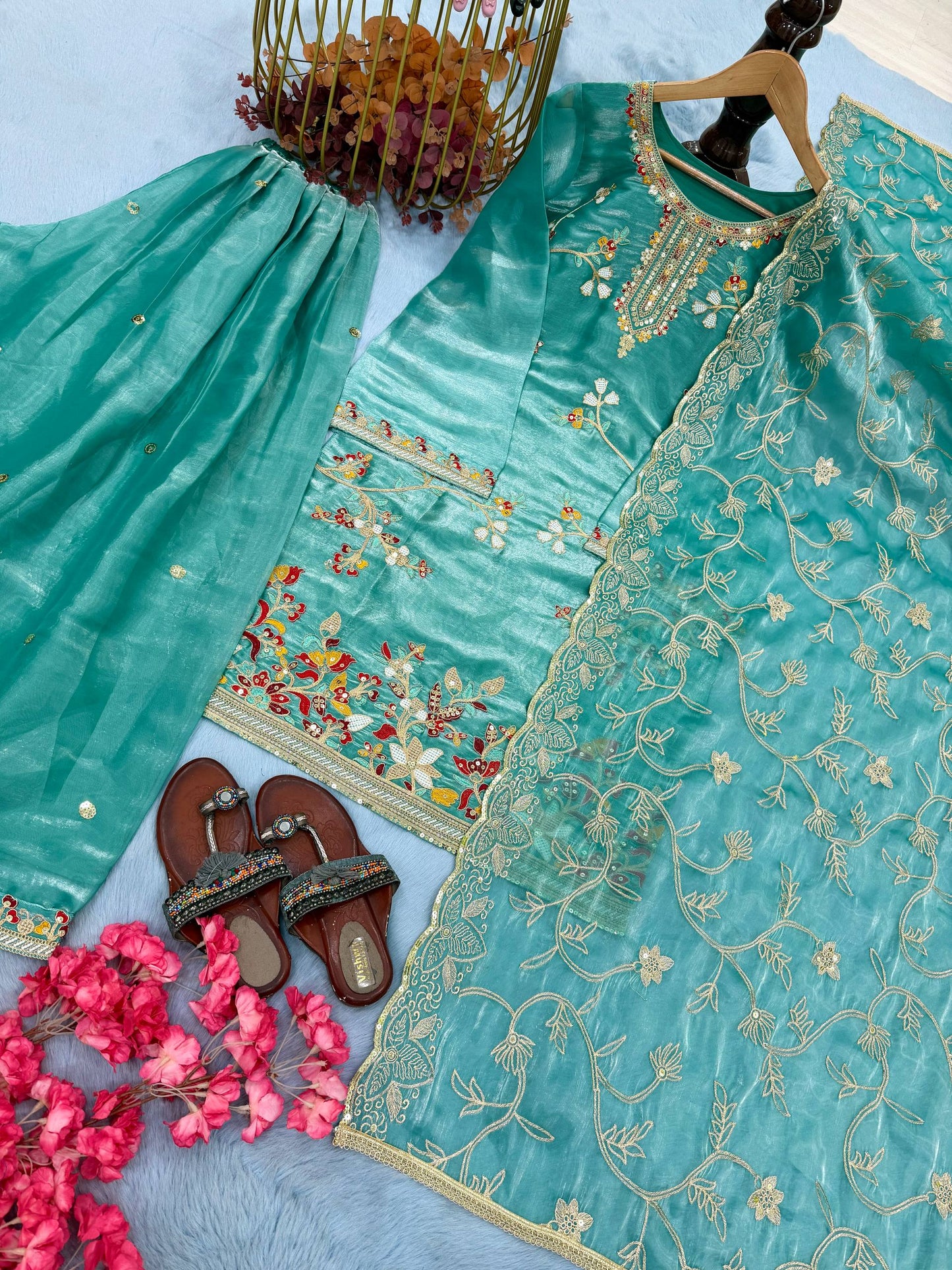 Sky Blue Party Wear Look Silk Top Plazzo Suit Set With Dupatta For Wedding